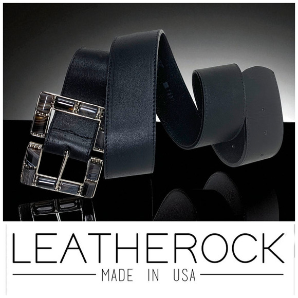 Vintage Y2K Leatherock Black Belt Natural Agate Stone Square Buckle Sz L READ - Picture 1 of 7